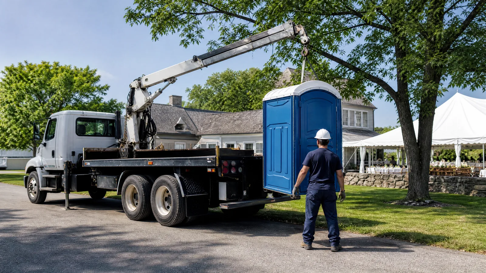 A portable restroom being carefully placed at a planned outdoor site.